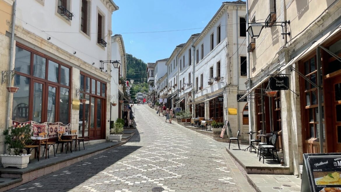 Cobbled Streets in Gjirokaster cobbled steets and old shops in gjirokaster albania
