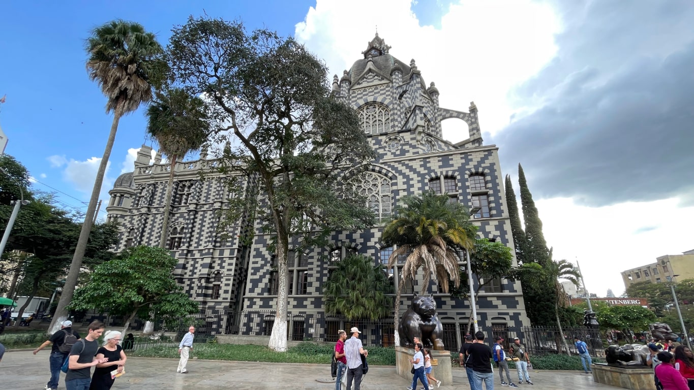 Gothic black and white palace of culture in Medellin City Centre