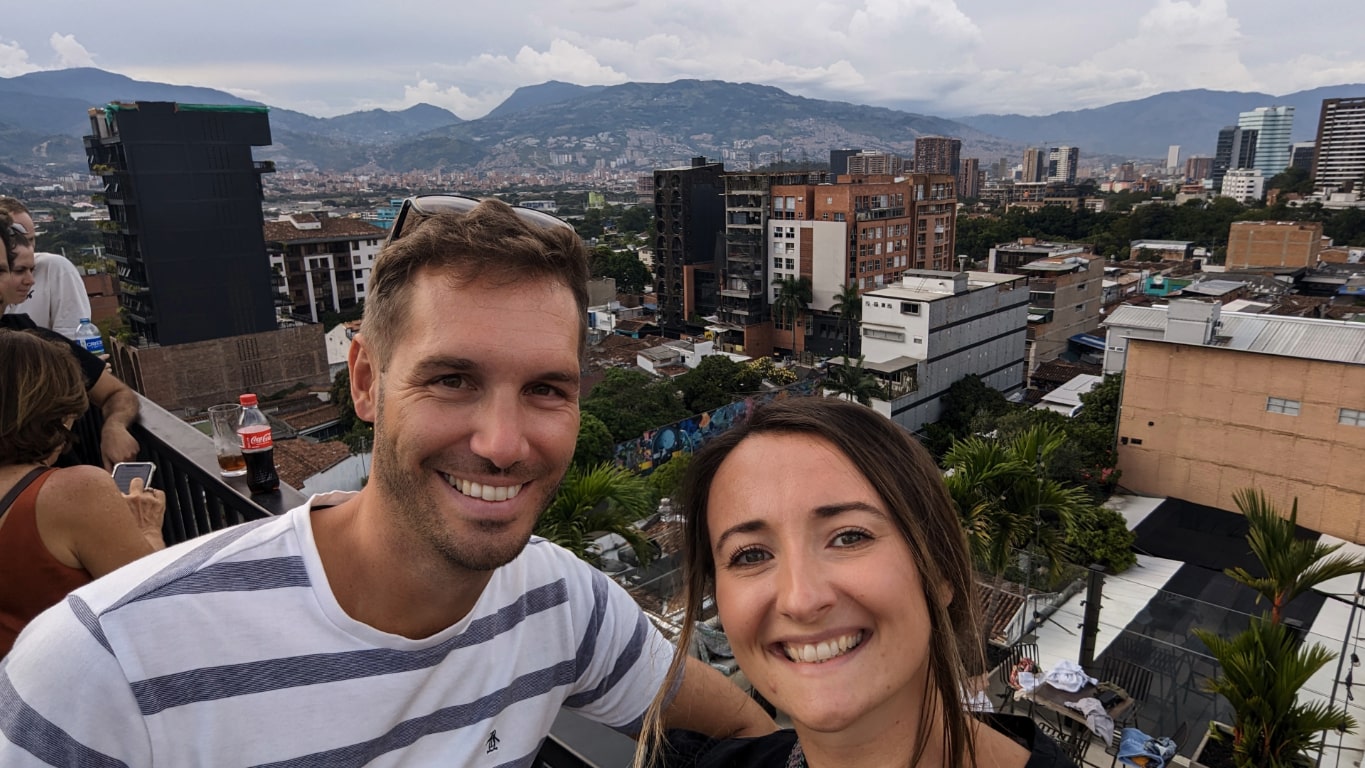 Meg and Aaron with Medellin city scape in the background