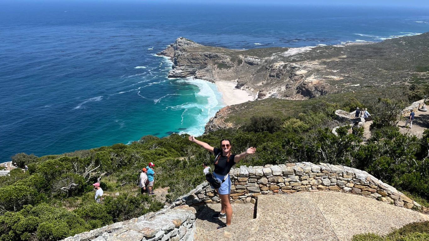 Meg with the beach at Cape Point South Africa