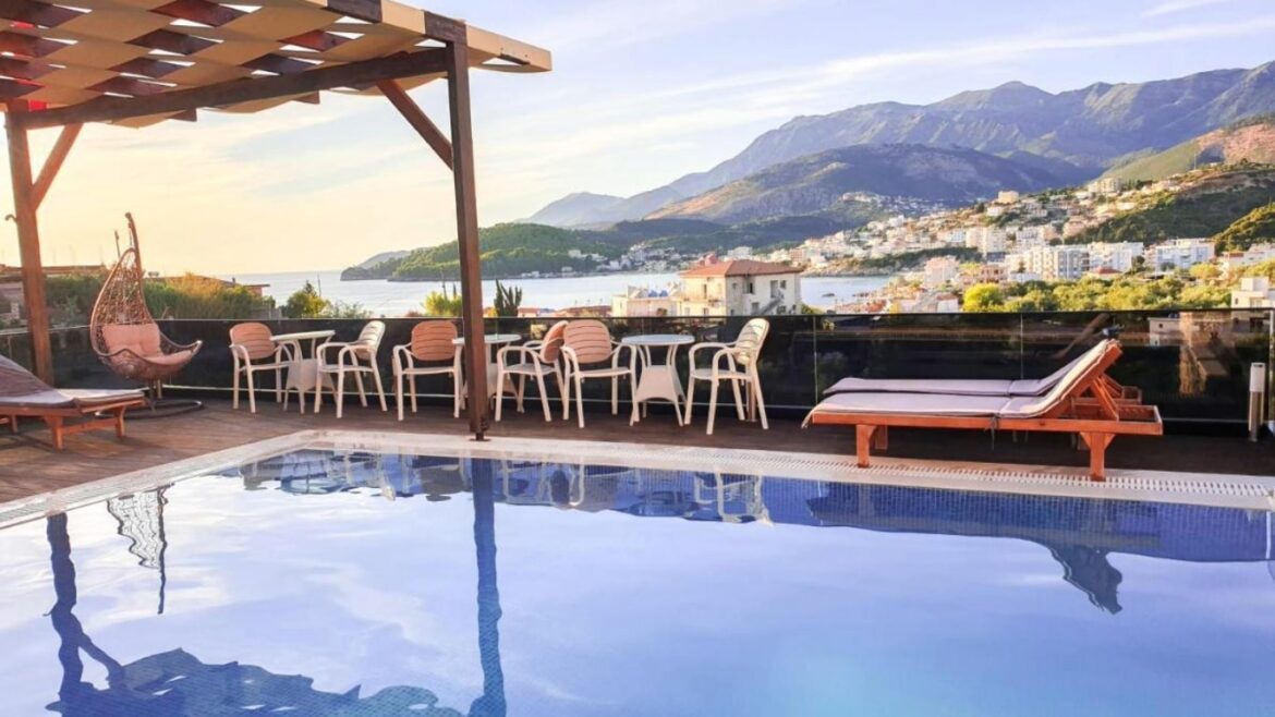 Villa Mekuri in Himare Pool in a villa with backdrop. ofthe sea and mountains of Albania